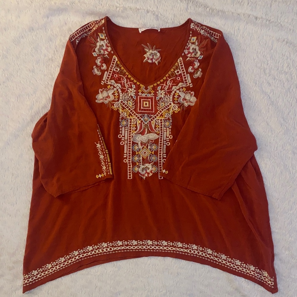 Solitaire Rust Orange Embroidered 3/4 Sleeve Rayon Flowy Boho Chic Blouse